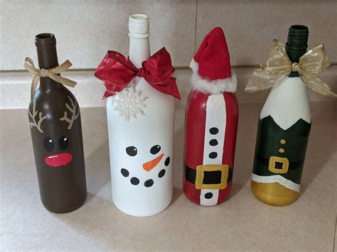 Christmas Wine Bottles Painted By Hand Santa Rudolph Snowman And