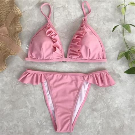 Sexy New Small Lotus Pleated Edge Pure Color Two Piece Bikini Rose Red On Luulla