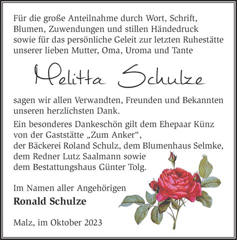 Traueranzeigen von Melitta Schulze Märkische Onlinezeitung Trauerportal