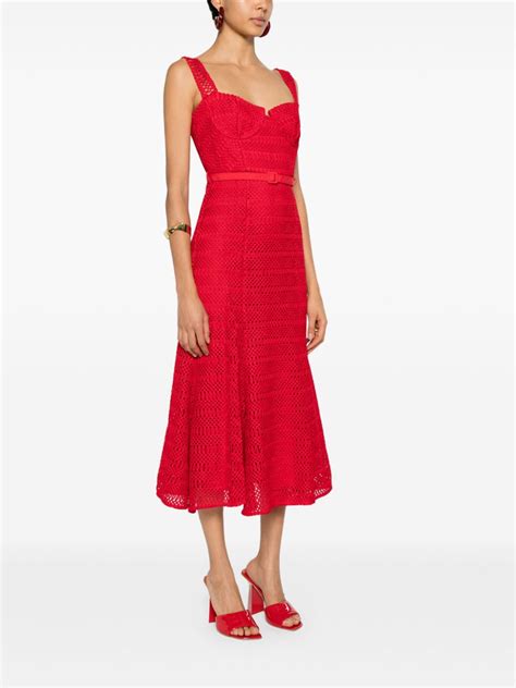 Self Portrait Lattice Lace Belted Midi Dress Red Farfetch