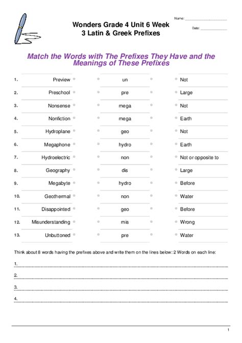 Wonders Grade 4 Unit 6 Week 3 Latin And Greek Prefixes Matching Triples Worksheet Quickworksheets