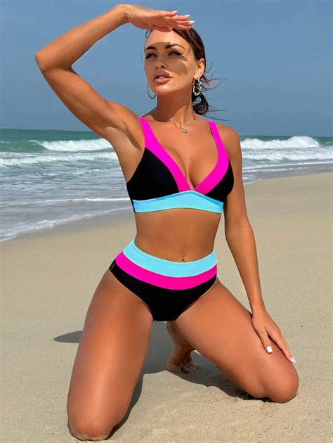 SHEIN Swim Conjunto de bikini sexy con cordones y bloque de color neón para mujeres playa de