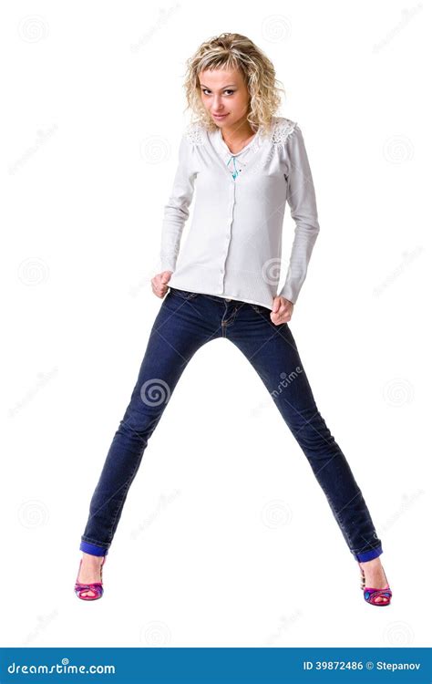 Full Body Young Woman In Casual Clothes Isolated Over A White Stock