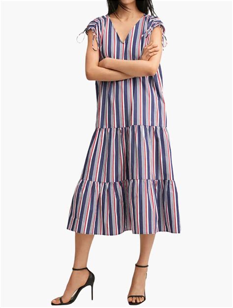 Myrunway Shop Mango Navy Blue And White Striped Cotton A Line Midi