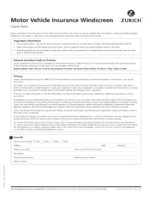 Fillable Online Motor Vehicle Insurance Windscreen Claim Form Zurich