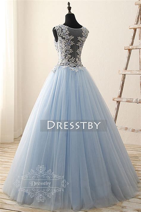 Light Blue Round Neck Tulle Lace Applique Long Prom Gown Sweet 16