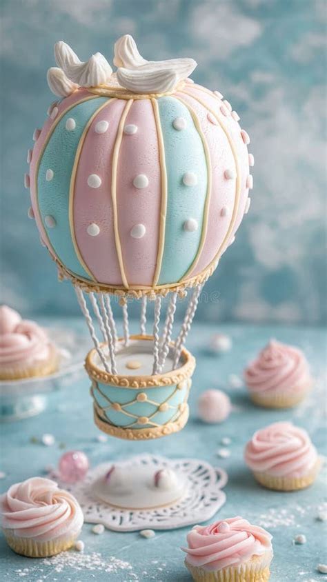 Pastel Themed Hot Air Balloon Cake With Cupcakes Stock Photo Image Of Unique Balloon