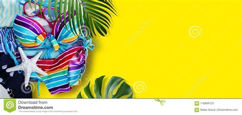 Colorful Bikini And Clothes In Luggage With Tropical Leaves Stock Image Image Of Cloud Color