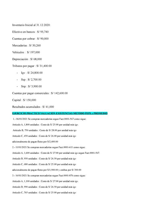 Calcular Costo De Ventas Metodo Peps Inventario Inicial Al 31 12