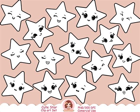 Cute Stars Clip Art Png Kawaii Star Digital Stamp Star Doodle Line Art Black And White