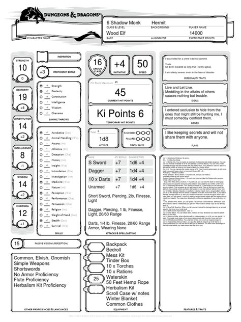 5e Lvl 6 Wood Elf Shadow Monk Pdf Role Playing Games Leisure