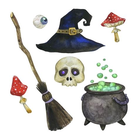 Premium Vector Halloween Elements Set Of Witchcraft Items Watercolor