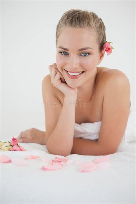 Pretty Blonde Lying Massage Table Rose Petals Stock Photos Free Royalty Free Stock Photos