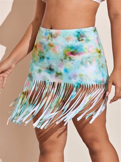 Plus Tie Dye Fringe Hem Bikini Skirt