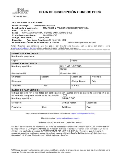 Completable En línea HOJA DE INSCRIPCIN CURSOS PER NC30IPE Rev5
