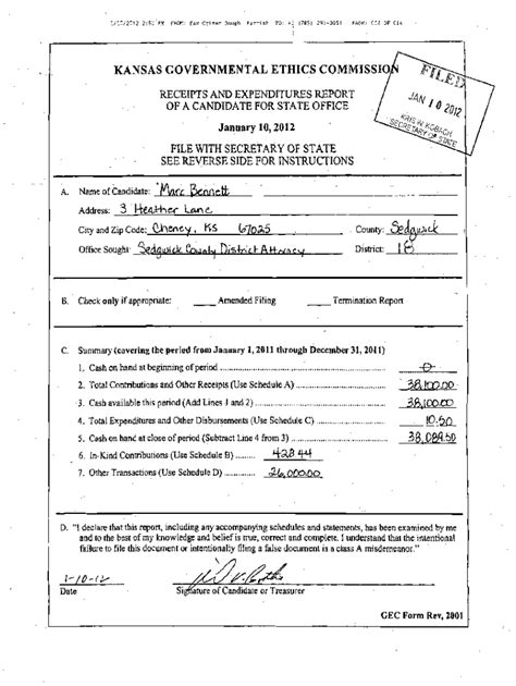 Fillable Online Ethics Ks Receipts And Expenditures Report For A Person