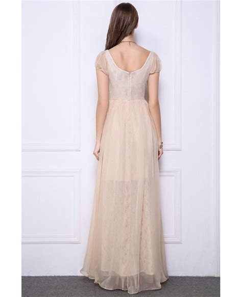 Champagne Elegant High Waist Chiffon Lace Long Evening Dress With Cape