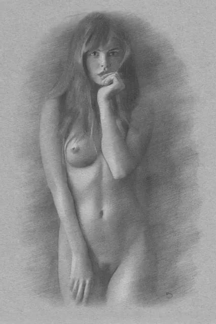 Nude Female Drawing Original Art Charcoal Chalk Naked Woman Model No