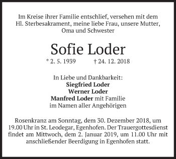 Traueranzeigen Von Sofie Loder Trauer Merkur De