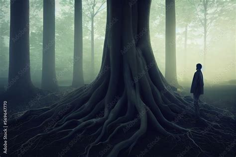 Person Standing In Front Of A Tree With Roots Reaching Deep Into The