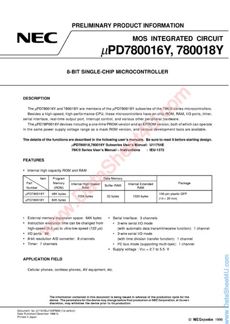 Upd780018y Datasheet Pdf Nec Electronics