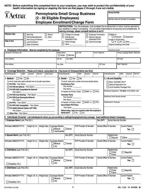 Fillable Online Aetna Employee Enrollment Change Form Pdf Vcs Group