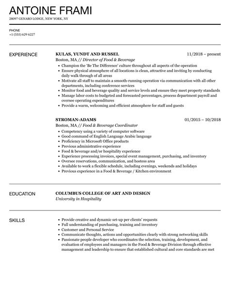 Food And Beverage Resume Samples Velvet Jobs