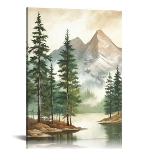 Onetech Framed Mountain Canvas Wall Art Watercolor Forest Landscape