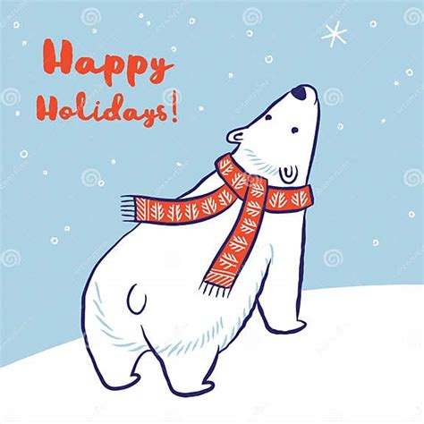 Christmas Card Of Polar Bear In Red Scarf And Hat Stock Vector