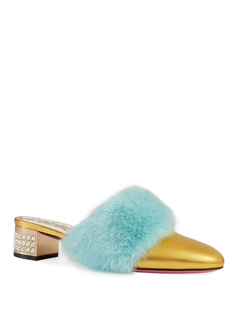 Lyst Gucci Leather Slides With Mink Fur In Blue Save 4347826086956516