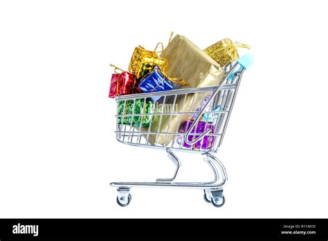 Shopping Carts Trolley With Boxes Of Colorful Ts Isolated On White