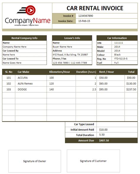 Car Rental Invoice Template Free Printable Templates