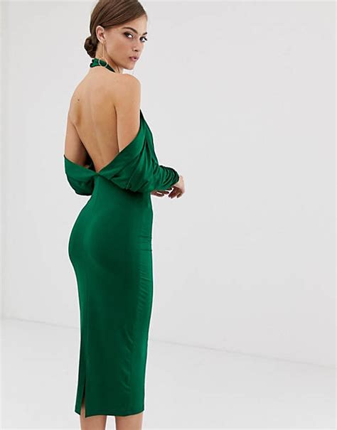 Asos Design Slinky High Neck Blouson Sleeve Open Back Midi Dress Asos