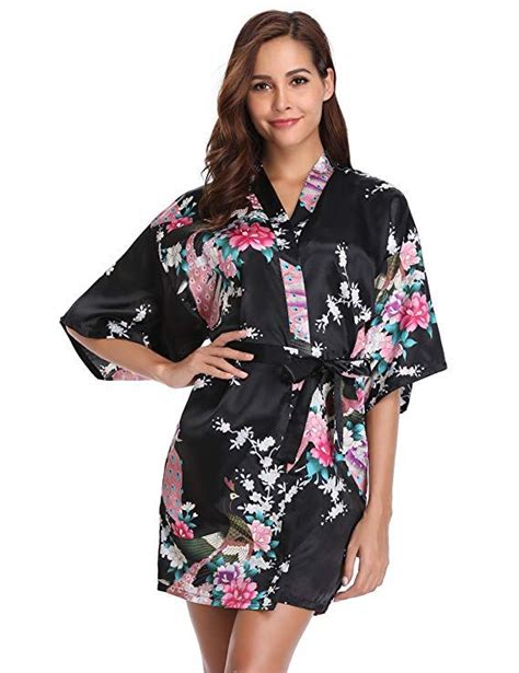 Vlazom Women Kimono Robes Satin Dressing Gown Peacock And Blossoms