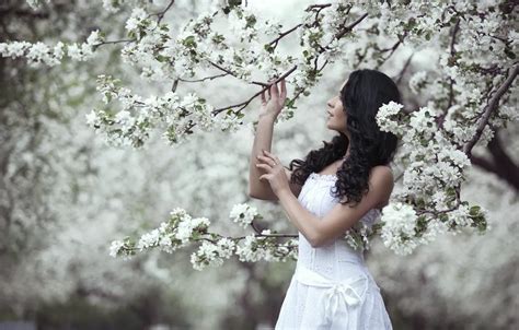 Wallpaper Girl Flowers Branches Pose Spring Hands Garden Brunette For Mobile And Desktop