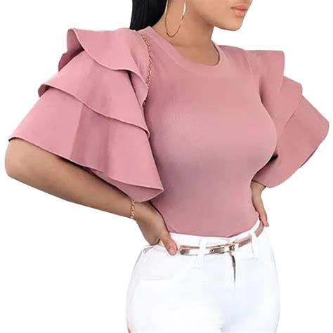 Women Ruffles Short Sleeve Blouses 2019 Summer Tops Elegant O Neck Slim Ladies Office Shirt