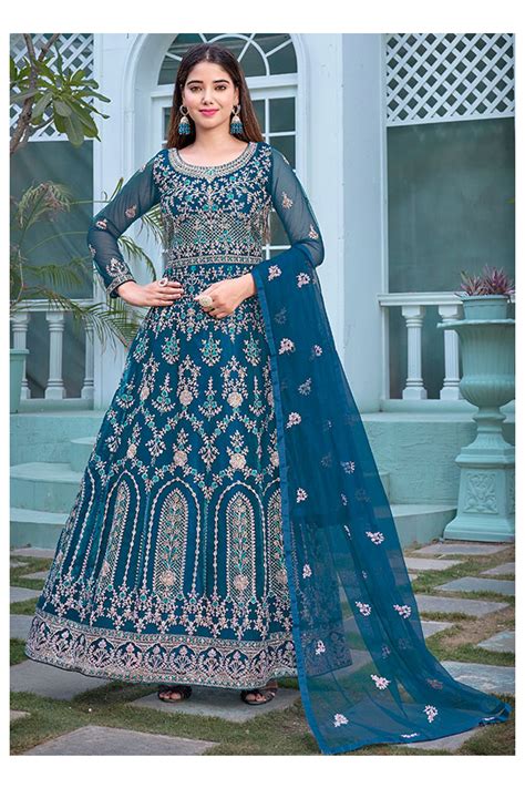 Peacock Blue Embroidered Net Anarkali Dress