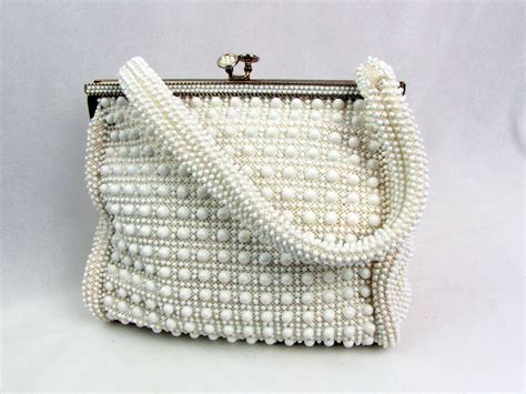 Vintage White Beaded Handbag Lumered Corde Bead 1950s Kiss Clasp Purse