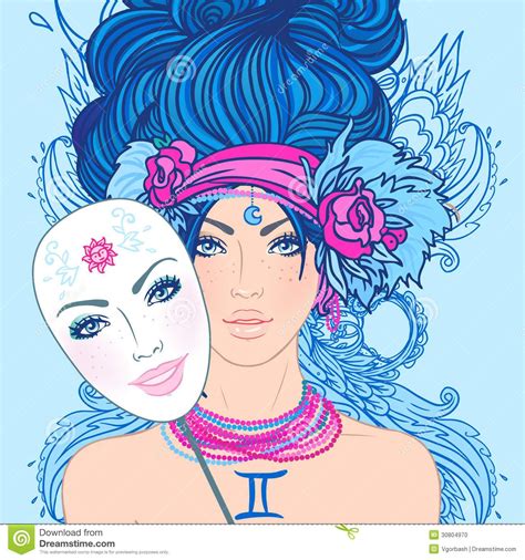 Illustration Of Gemini Zodiac Sign As A Beautiful Girl With Mask