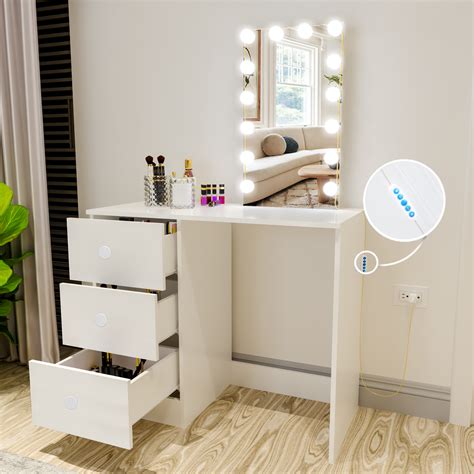 Ember Interiors Ava Modern Vanity Table, White Painted, Lights, for ...