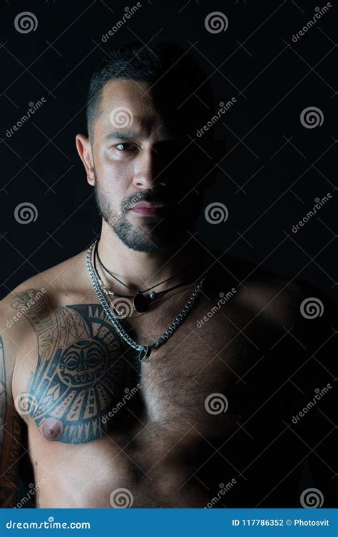 Bearded Man With Tattooed Chest Man With Muscular Torso Fit Model With Tattoo Design On Skin