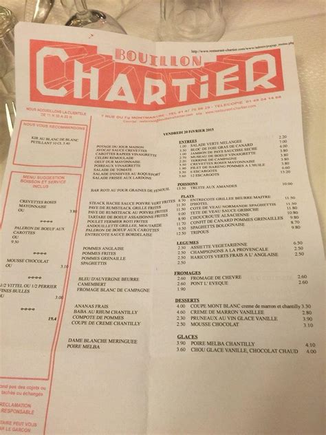 Menu Au Bouillon Chartier Grands Boulevards Restaurant Paris Rue Du