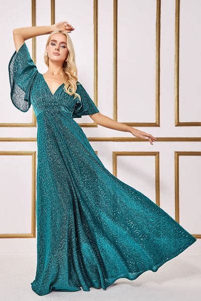 Sequin Lurex Flutter Sleeve Maxi Dress Tealblue