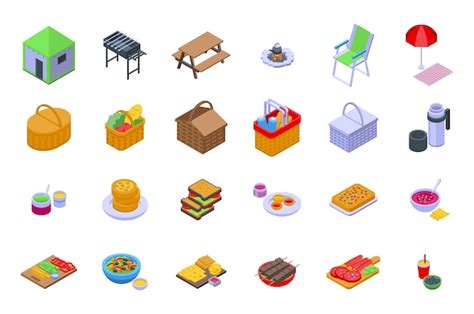 Los Iconos De Comida De Picnic Establecen Un Vector Isom Trico Cesta