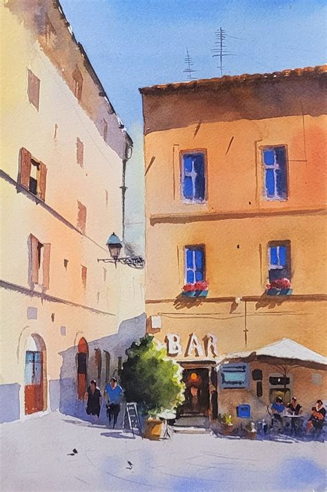 Trastevere Rome Original Watercolor Painting Italy Cityscapes Bar In