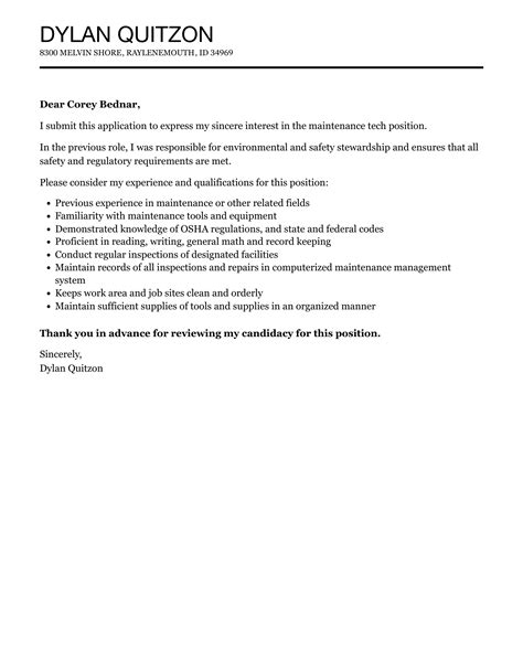 Maintenance Tech Cover Letter Velvet Jobs