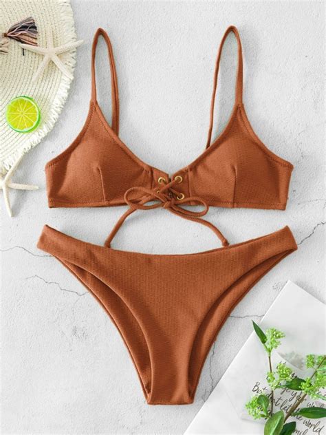 Zaful Lace Up Grommet Textured Bikini Swimsuit In Coffee Zaful 2023