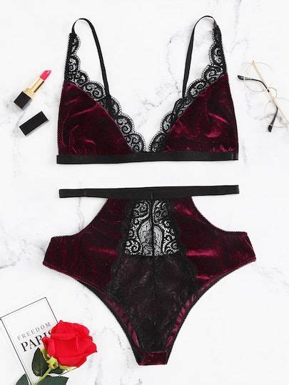 Product Name Contrast Lace Velvet Lingerie Set At SHEIN Category