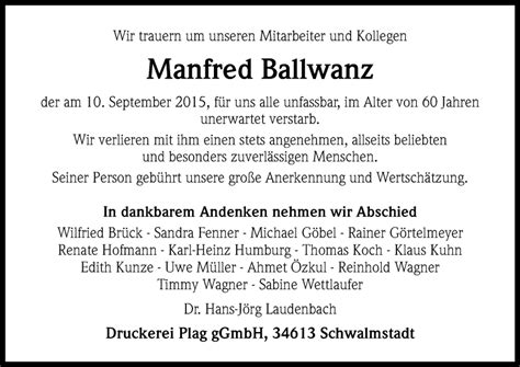 Traueranzeigen Von Manfred Ballwanz Trauer HNA De