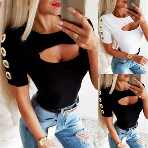 30 Sexy T Shirt Women Casual O Neck Solid T Shirt Short Sleeve Hollowing Out Shirts Metal Ring